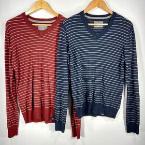 Aeropostale V Neck Striped Sweater Navy Blue Red Wool Blend Lot of 2 Mens Small